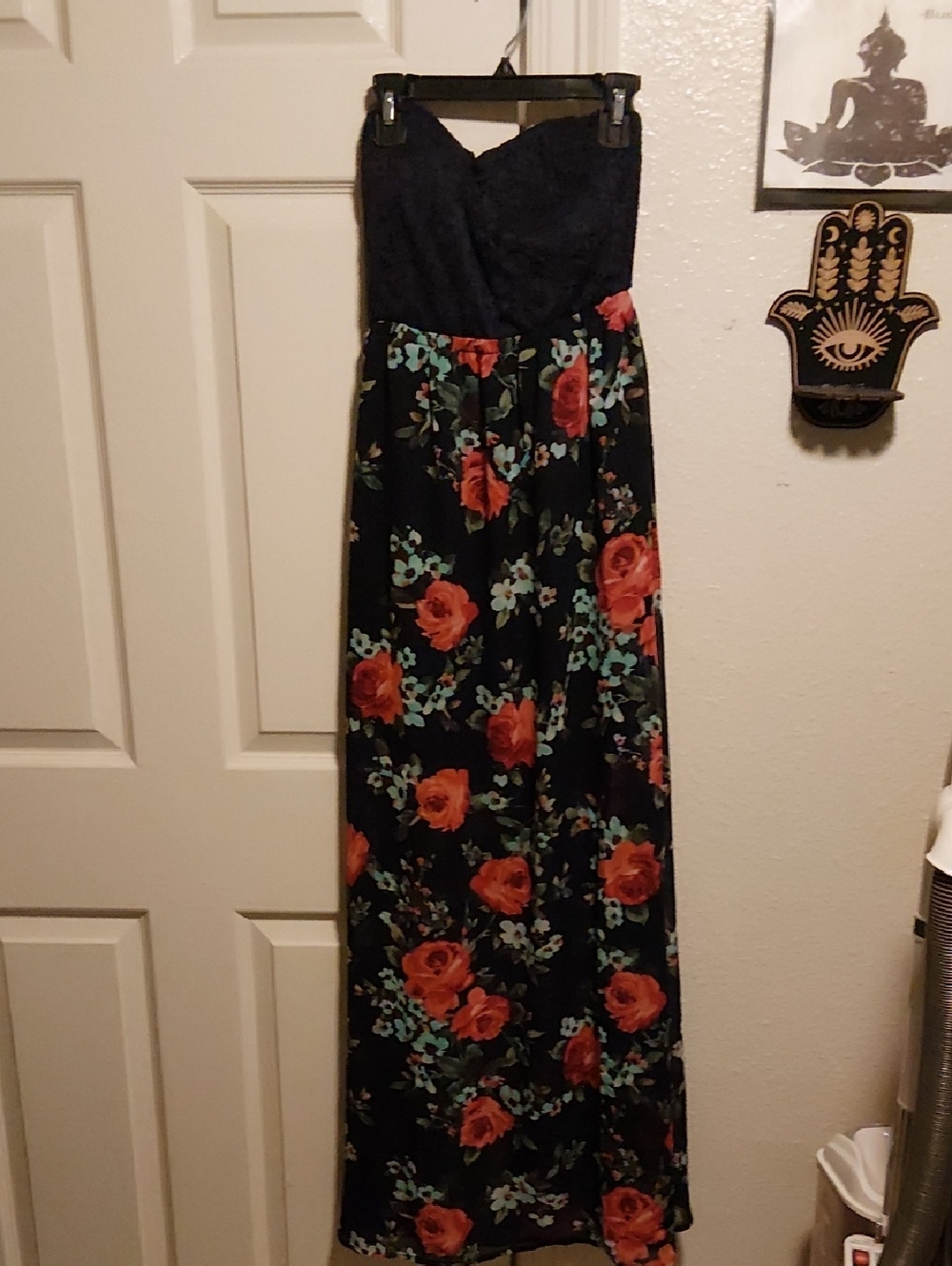 Strapless Black Floral Maxi Dress with Red Rose Print